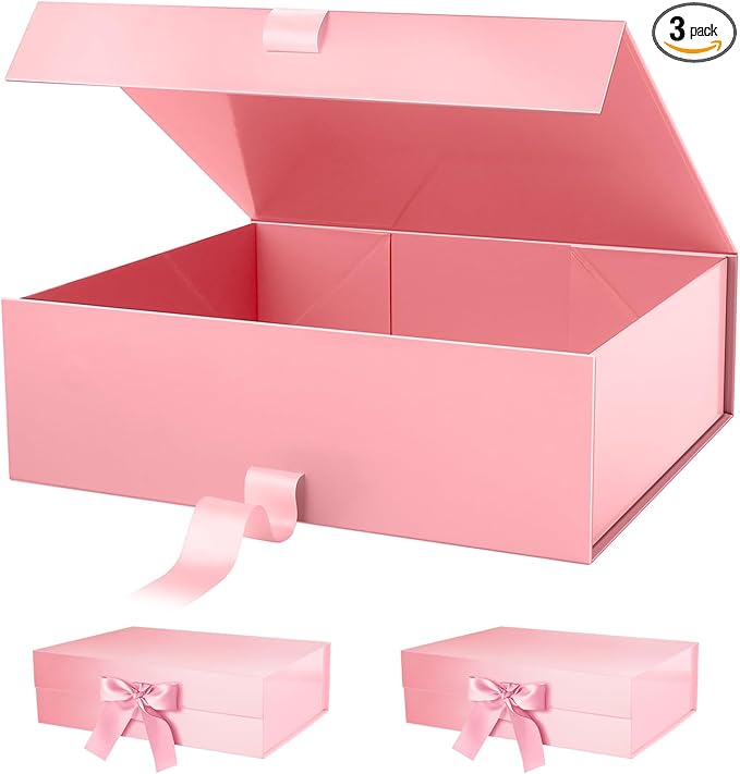PACKHOME 17x14.5x5.5 Inches, 3 Extra Large Gift Boxes with Lids, Magnetic Closure Boxes with Ribbon for Clothes and Large Gifts (Glossy Pink)