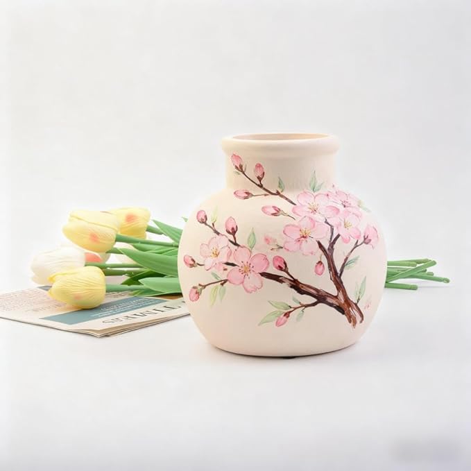 Plain Beige Ceramic Vase for DIY Painting - Customizable Handmade Pottery, Blank Canvas for Flower Arrangements, Home Decor, Wedding & Office Decoration (5.91 x 5.91W x 5.71H)