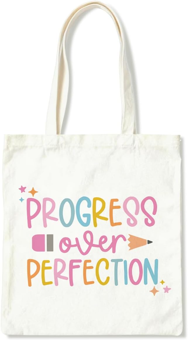 Inspirational Canvas Tote Bag, Progress Over Perfection Tote Bag, Casual Canvas Totes for Work Traveling, Reusable Grocery Shoulder Shopping Bags, Christmas Gifts to Women Friends