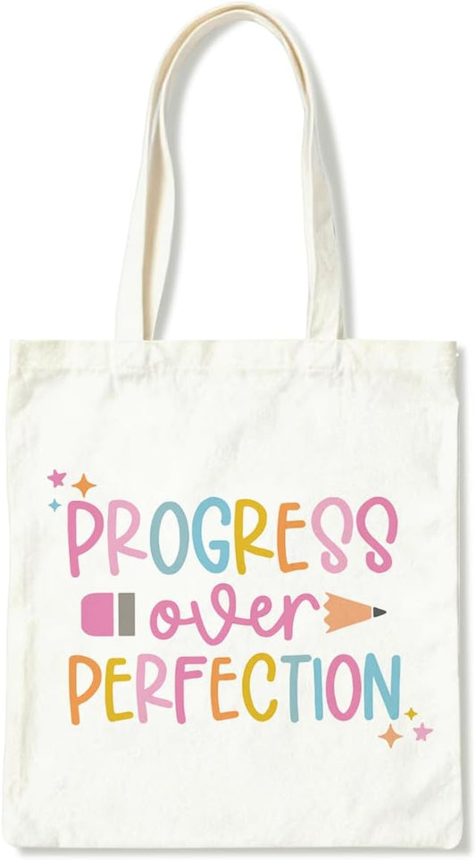 Inspirational Canvas Tote Bag, Progress Over Perfection Tote Bag, Casual Canvas Totes for Work Traveling, Reusable Grocery Shoulder Shopping Bags, Christmas Gifts to Women Friends