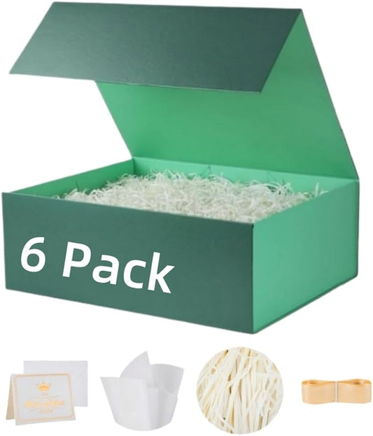 UoeRing 6 Pack Green Gift Box 9.5x6x3 inch Small Luxury Gift Box for Presents with Magnetic Lid Collapsible,Birthday,Christmas,Contains Card, Ribbon, Tissue Paper,Shredded Paper Fille
