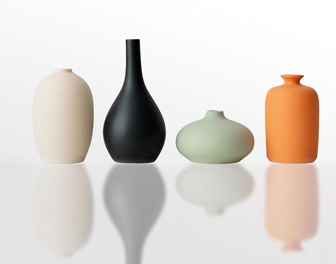 Set of 4 Small Matte Ceramic Vases - Modern & Bohemian Decor for Home, Office, Shelve, Living Room Table, Mantel, Bedroom, Entryway, Rustic Farmhouse Decorative Vases & More（Hademade