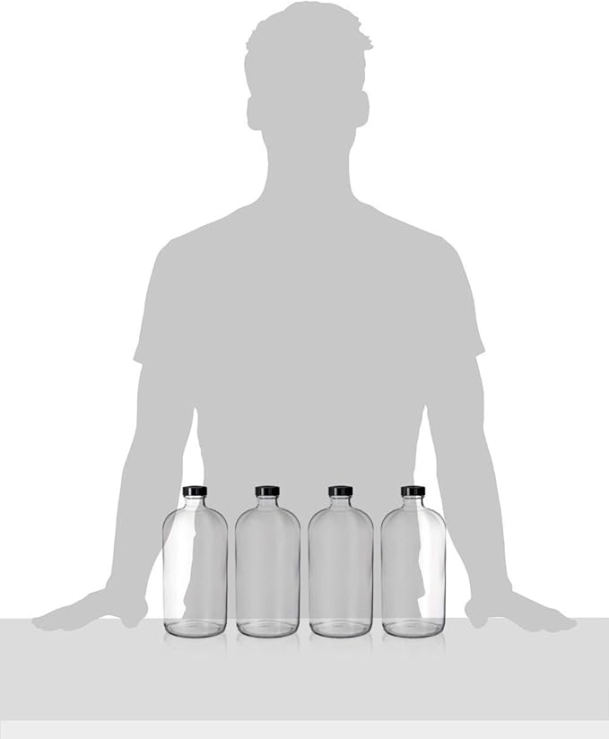 kitchentoolz Set of 12 Clear 32oz Boston Round Glass Bottles with Black Caps – Airtight Poly-Cone Sealed Bottles for Kombucha, Kefir, Beer, Fermentation, and Storage