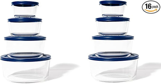 DURA LIVING 16-Piece Glass Food Storage Containers Set (8 Containers + 8 Lids) | Round, Nesting, Microwave & Dishwasher Safe | BPA-Free, Space-Saving | Blue Lids for Pantry & Kitchen Organization