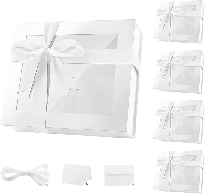 PACKQUEEN 5 Extra Large White Gift Boxes with Windows, 16.3x14.2x5 Inches Clear Gift Boxes for Presents Contain Ribbons, Cards, Bridesmaid Proposal Boxes with Magnetic Lids (Glossy White)