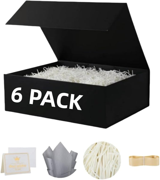 UoeRing 6 Pack Black Gift Box 11.5x8x4 inch Luxury Gift Box Bulk for Presents with Magnetic Lid Collapsible,Birthday,Groomsman,Contains Card, Ribbon, Tissue Paper,Shredded Paper Fille