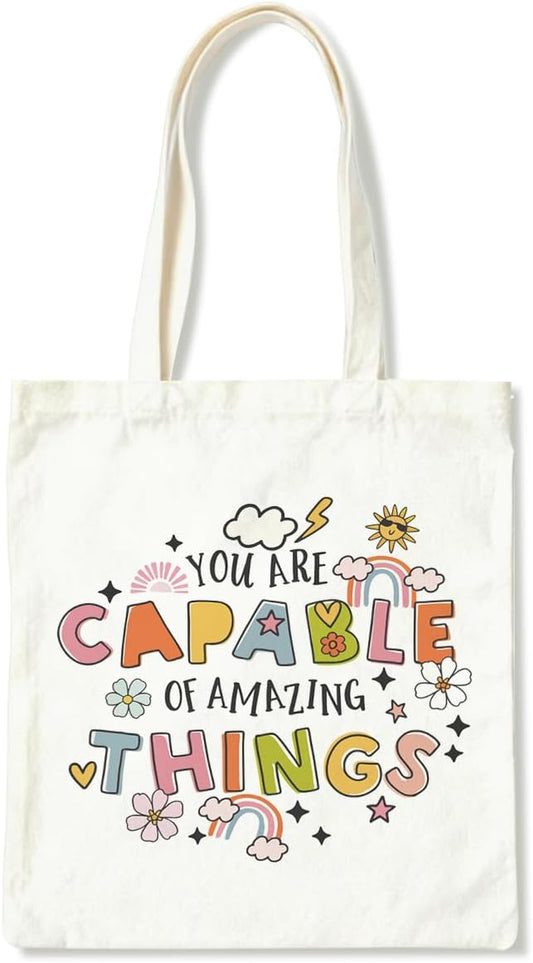 Canvas Tote Bag for Women, You Are Capable Of Amazing Things Tote Bags, Inspirational Canvas Totes for Work Traveling, Reusable Grocery Shoulder Shopping Bags, Christmas Gifts to Women Friends