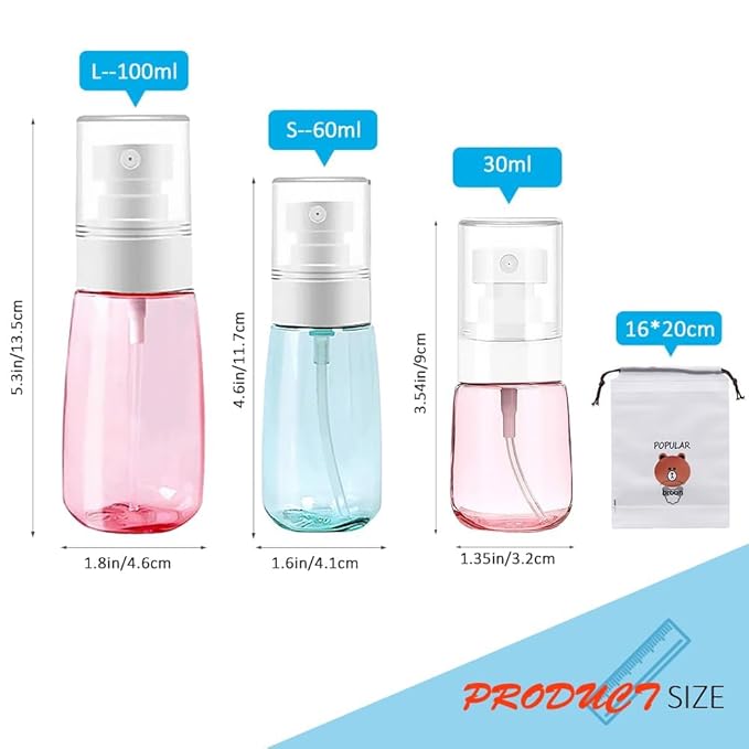 6 PCS Small Spray Bottle Travel Size 60ml 2oz Empty Spray Bottles Fine Mist Hairspray Bottle Mister Spray Bottle Refillable Containers for Essential Oils Cosmetic Skincare Perfume + Drawstring Bag