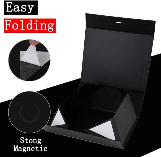 Skivra Black Gift Box with Ribbon - 1 Pack, 9.5x7x4 Inch Small Rectangle Collapsible Luxury Gift Box with Magnetic Lid Closure, Crinkle Cut Paper Shred with Card