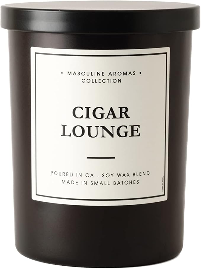 | Masculine Aromas | Small Batch | Soy Wax | 40 Hours | Scented Black Candles with Natural Essential Oils | Vegan (Cigar Lounge)