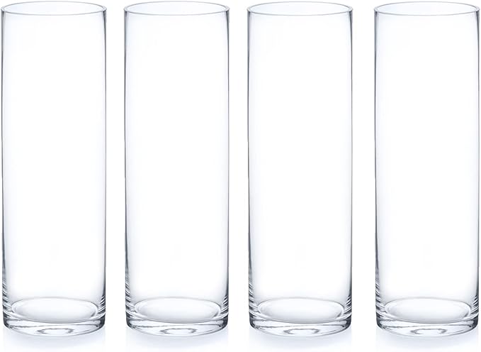 Enova Floral Clear Glass Flower Vase, 4W x 12H Inches Cylinder Vase, Pillar Candle Floating Candle Holders, Tall Cylinder Glass Vase for Flowers, Round Glass Vase for Home Decor, Wedding (Pack 4)