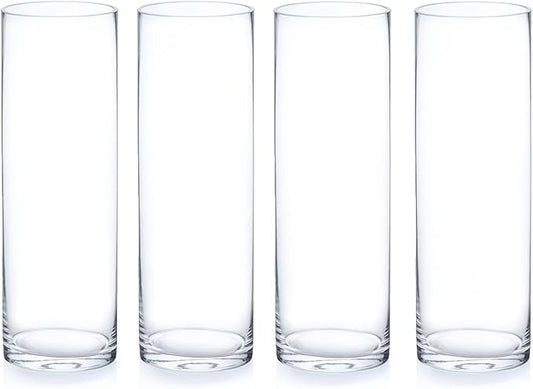 Enova Floral Clear Glass Flower Vase, 4W x 12H Inches Cylinder Vase, Pillar Candle Floating Candle Holders, Tall Cylinder Glass Vase for Flowers, Round Glass Vase for Home Decor, Wedding (Pack 4)