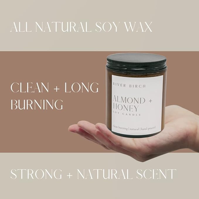 River Birch Candles Almond + Honey Scented Candle | Premium, All-Natural, Non-Toxic, Soy Amber Jar Candles | 8.5oz 40 Hr Burn Time | Cozy Relaxing Gifts for Home