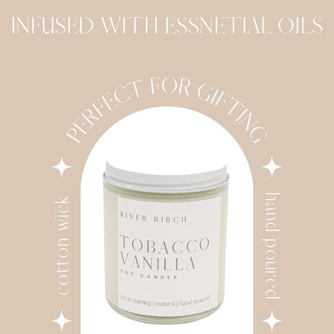 River Birch Candles Tobacco Vanilla Scented Candle | Premium, All-Natural, Non-Toxic, Soy Candles | 8.5oz 40 Hr Burn Time | Cozy Relaxing Gifts for Home