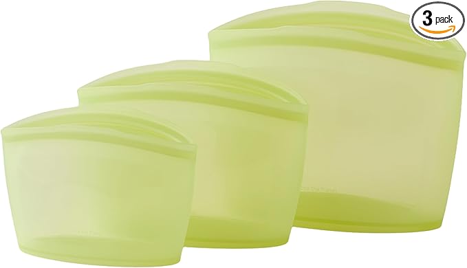 Blue Ginkgo Reusable Silicone Storage Bags – 3-Pack | Korean-Made Stand Up Food, Freezer Bags - Olive Green