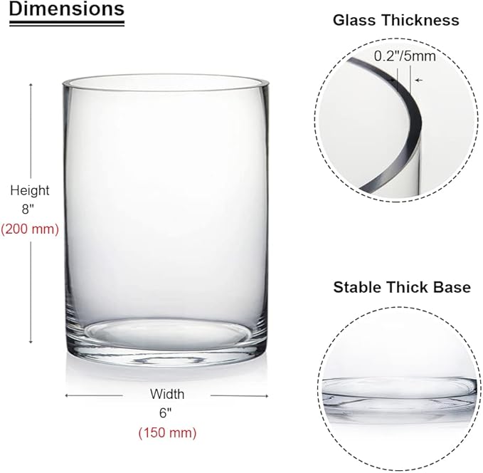 Enova Floral Set of 4 Clear Cylinder Glass Vase 6W x 8H Inches, Clear Flower Vases, Pillar Candle Hurricane Floating Candle Holder Vase, Glass Flower Vase for Wedding Centerpieces, Home Décor