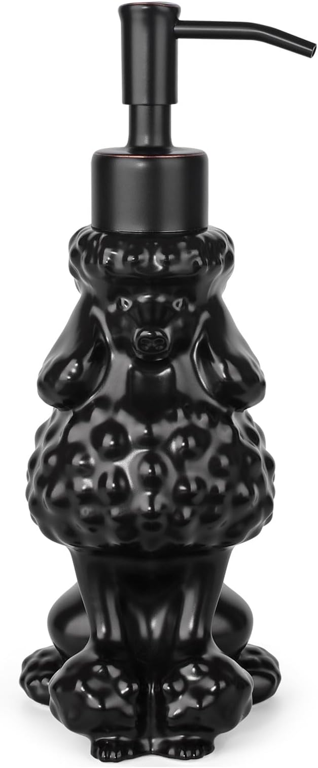 Poodle Shaped Soap/Lotion/Hand Sanitizer Ceramic Dog Lover Stainless Steel Pump Dispenser for Dog Mom Gifts, Refillable for Kitchen and Bathroom (Black)