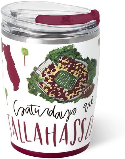 Swig Life 12oz Insulated Tumbler, Travel Coffee Tumbler with Lid, Cup Holder Friendly Travel Coffee Mug, Stainless Steel, 12 oz Reusable Insulated Coffee Mug (Saturdays in Tallahassee)