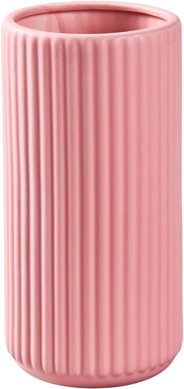 Pink Ceramic Flower Vase for Pampas Grass, 10 inch Large Decorative Centerpiece Ribbed Vase for Dining Table, Office Desktop, Shelf Bookshelf, Mantel, Entryway, Bathroom, Countertop, Farmhouse, Gift