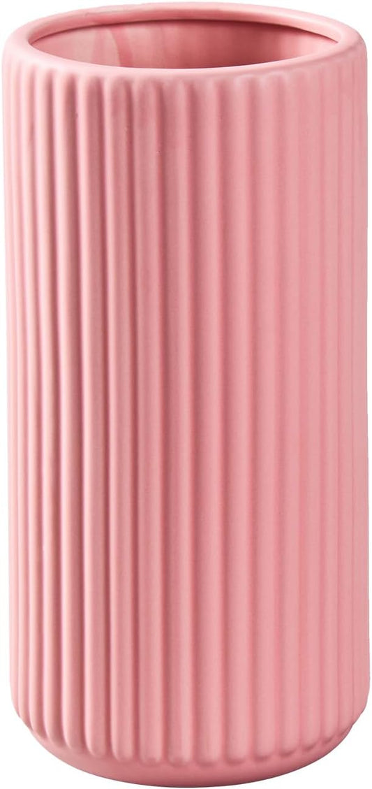 Pink Ceramic Flower Vase for Pampas Grass, 8 inch Small Decorative Centerpiece Ribbed Vase for Dining Table, Office Desktop, Shelf Bookshelf, Mantel, Entryway, Bathroom, Countertop, Farmhouse, Gift