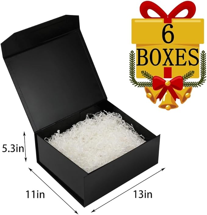 6 Pcs Black Gift Box Large 13x11x5.3 Inch Large Black Gift Box Large Magnetic Gift Box with Crinkle Paper Black Large Gift Box with Shredded Paper Luxury Gift Boxes with Lids for Presents