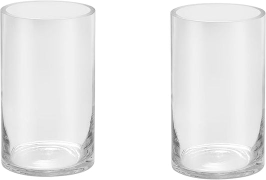 5’ Wide and 8" High Large Hand Blown Sturdy Clear Cylinder Glass Vase, Centerpiece Flower Vase for Rose, Tulip, Boquets, Hurricane Candle Holder (2, 5"x8")