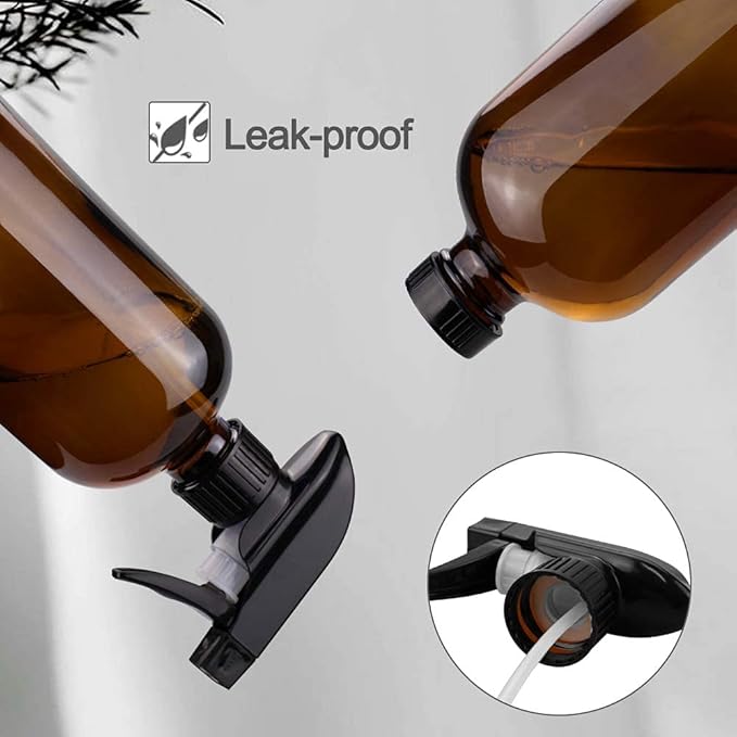 Glass Spray Bottles, 16oz Amber Glass Spray Bottles with Labels & Adjustable Nozzle, Reusable Containers for Cleaning, BBQ, Food, Plants, Alcohol, Essential Oils(3 Pack)