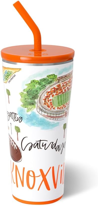 Swig Life 32oz Straw Tumbler, Travel Coffee Tumbler with Lid, Cup Holder Friendly Travel Coffee Mug, Stainless Steel, 32 oz Reusable Insulated Coffee Mug (Saturdays In Knoxville)