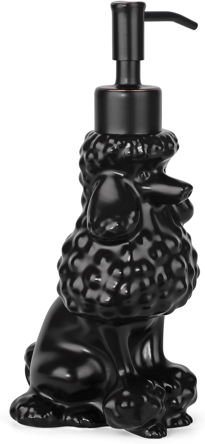 Poodle Shaped Soap/Lotion/Hand Sanitizer Ceramic Dog Lover Stainless Steel Pump Dispenser for Dog Mom Gifts, Refillable for Kitchen and Bathroom (Black)