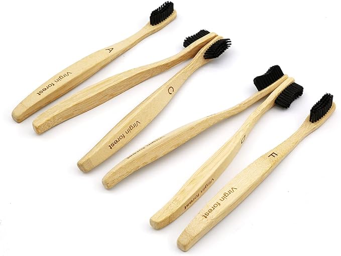 Virgin Forest Bamboo Toothbrush, Natural Eco Friendly Biodegradable Charcoal Tooth Brushes, Pack of 6