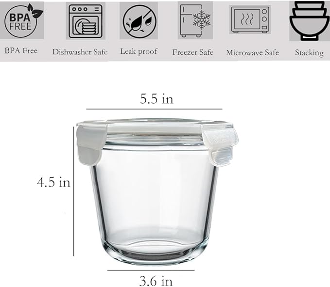 24 Oz Round Glass Food Storage Container, 3 Cup Round Glass Soup Container with Airtight Lids BPA free, Leakproof Borosilicate Storage bowls, Dishwasher Microwave Freezer Safe (4 Pack)