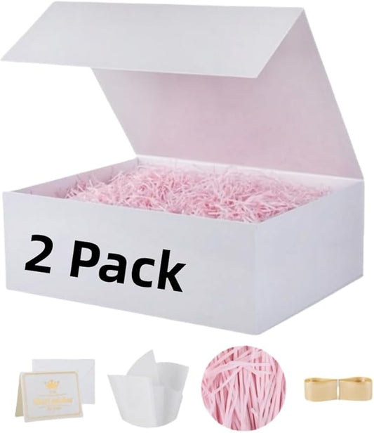 UoeRing 2 Pack White Gift Box Large 13.5x11.8x4.7 inch Luxury Gift Box for Presents with Magnetic Closure Lid Collapsible,Birthday,Christmas,Contains Card, Ribbon, Tissue Paper,Shredded Paper Filler