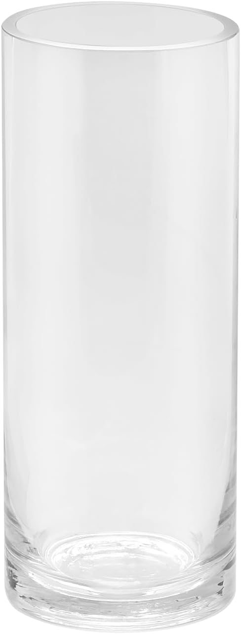 4" Wide 10" High Large Hand Blown Sturdy Clear Cylinder Glass Vase, Centerpiece Flower Vase for Rose, Tulip, Boquets, Hurricane Candle Holder (1, 4"x10")