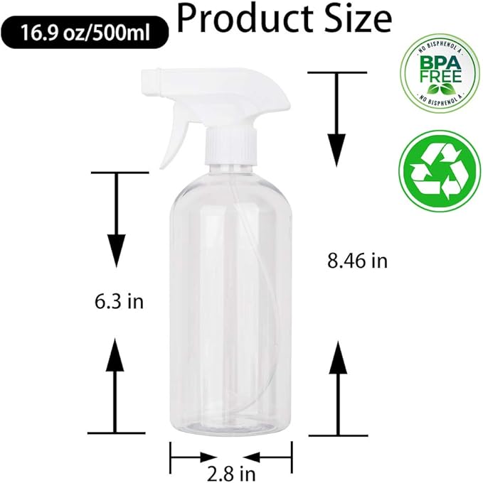 UUJOLY 17 oz Plastic Spray Bottle Trigger Empty Spray Bottles Clear Refillable Container for Water, Essential Oils, Hair, Cleaning Products, Adjustable Head Sprayer and Stream (2 Pack)