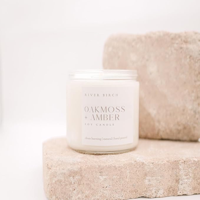 River Birch Candles Oakmoss + Amber Scented Candle | Premium, All-Natural, Non-Toxic, Soy Wax | 16oz 90 Hr Burn Time | Cozy Relaxing Gifts for Home