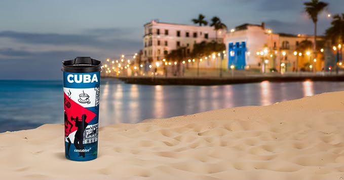 Cuba Vacuum Insulated Stainless Steel Thermal Travel Mug, 16 oz, Easy Clean, Flip leak Proof Lid Cuba Flag with Icons from Cuba…