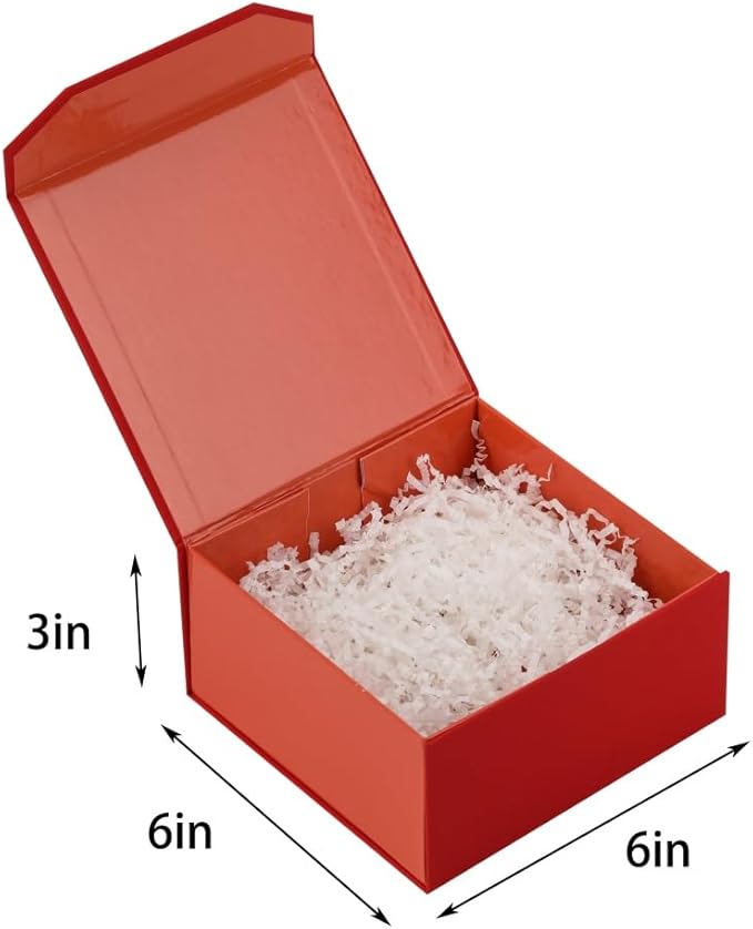 1 Pcs 6x6x3 Inch Red Magnetic Gift Box Small Magnetic Box with Crinkle Paper Red Small Gift Box with Shredded Paper Luxury Gift Boxes with Lids for Presents