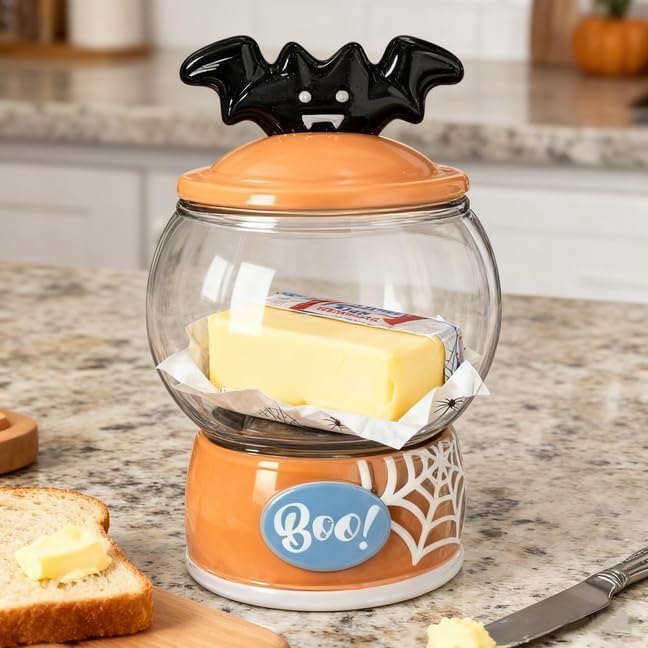 54oz food storage jar with round Transparent glass pantry, lid with handle, personalized hand-painted personalized pattern ceramic base, glass storage for candy,cookie,Butter,espresso,Spices,shells