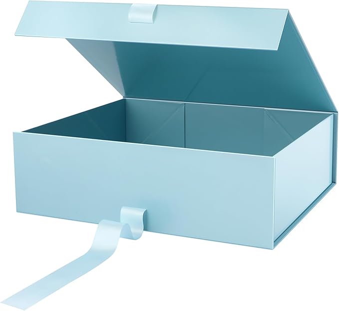 GREEN BEAN Extra Large Gift Box with Lid for Present 16.3x14.2x5 Inches, Fathers Day Baby Blue Magnetic Gift Box with Ribbon, for Clothes and Large Gifts (Glossy Baby Blue)