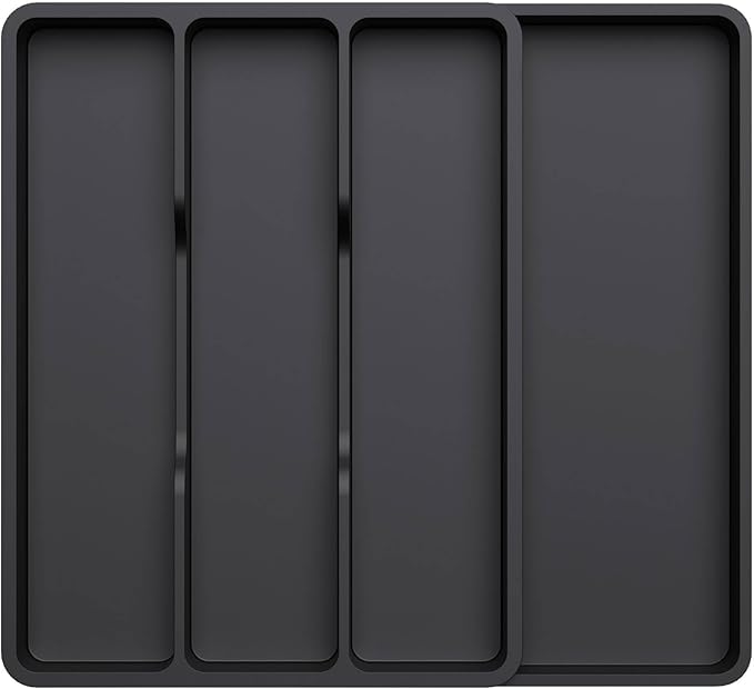 Lifewit Utensil Drawer Organizer, Expendable Cooking Silverware Tray for Kitchen Drawer, Adjustable Cutlery Flatware Holder, Plastic Spatula Tools and Gadgets Storage Divider, 4 Compartments, Black
