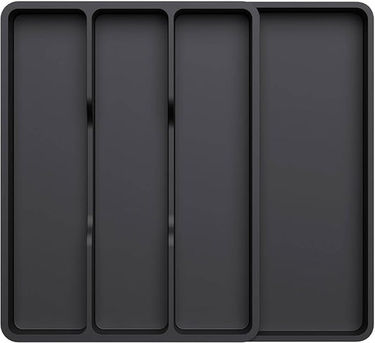 Lifewit Utensil Drawer Organizer, Expendable Cooking Silverware Tray for Kitchen Drawer, Adjustable Cutlery Flatware Holder, Plastic Spatula Tools and Gadgets Storage Divider, 4 Compartments, Black