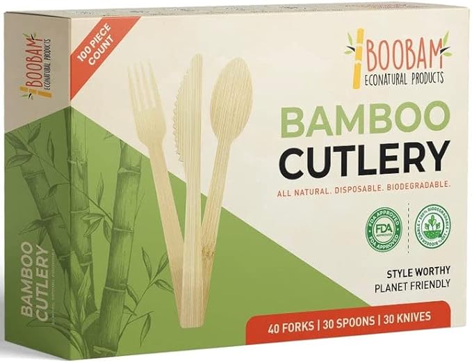 Boobam Econatural Products Bamboo Utensils - Natural Disposable Wooden Cutlery for Party, Eating, Camping, Picnic, Wedding - Compostable Silverware - 30 Spoons, 30 Knives, 40 Forks - Box of 100 Pieces