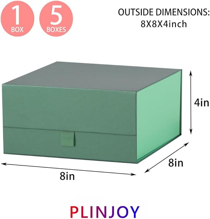 5 Pcs Green Gift Box 8x8x4 Inches Small Gift Boxes for Presents with Magnetic Closure LidLuxury Gift Box for Rectangle Collapsible for Bridesmaid, Wedding, Birthday Gift Packging