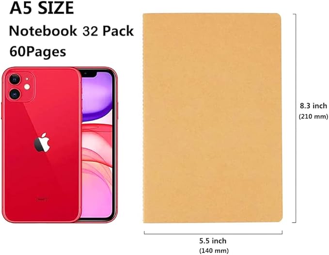 32 Pack Notebook Journals for Travelers, Students and Office, Writing Diary Subject Notebooks Planner with Thick Paper, 60 Pages, 30 Sheets, 8.3x5.5 inch, A5 Size, Travel Journal Set (Lined)
