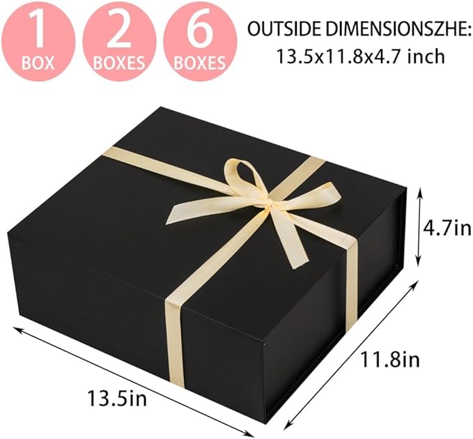 UoeRing 2 pack Black Gift Box Large 13.5x11.8x4.7 inch Luxury Gift Box for Presents with Magnetic Closure Lid Collapsible,Contains Card, Ribbon, Tissue Paper,Shredded Paper Filler