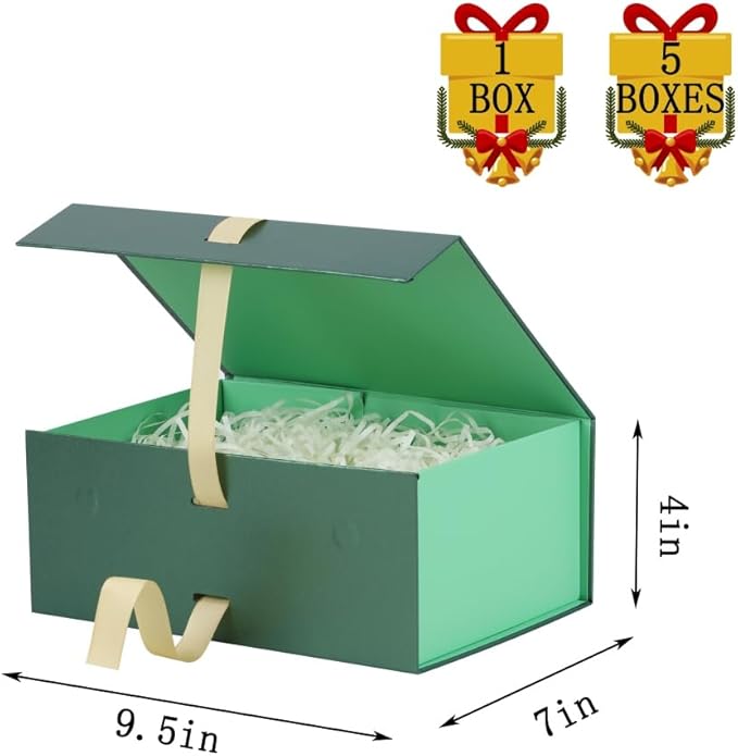 BoxSkivra Green Gift Box with Shredded Paper 1 Pack 9.5X7X4 Inch Small Magnetic Gift Box with Lid Rectangle Collapsible Luxury Box with Ribbon for Presents Crinkle Cut Paper Shred with Card