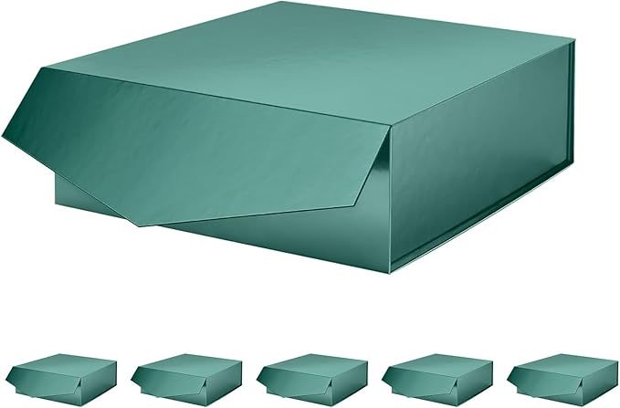6 Gift Boxes with Lids 9x9x3.4 Inches, Green Groomsmen Proposal Boxes with Magnetic Closure for All Occasion (Glossy Green)