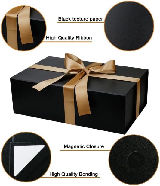 YINUOYOUJIA Large Black Gift Boxes with Lid,14"x9"x4.5" Magnetic Gift Box with Ribbon,Cards and Envelopes for Presents,Great for Wedding,Birthdays,Crafting,Gift Packaging.