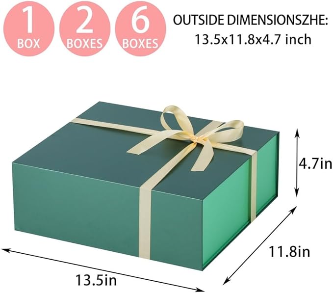 6 Pack Green Gift Box Large 13.5x11.8x4.7 inch Luxury Gift Box for Presents with Magnetic Closure Lid Collapsible,Birthday,Christmas,Contains Card, Ribbon, Tissue Paper,Shredded Paper Filler
