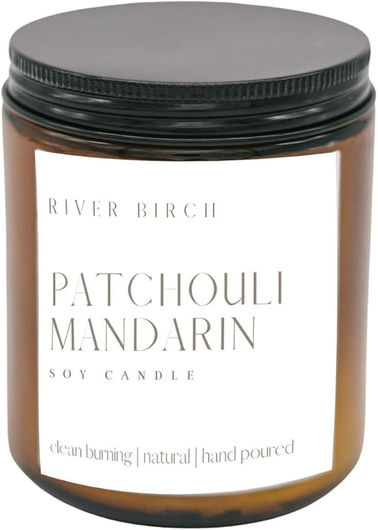 River Birch Candles Patchouli Mandarin Scented Candle | Premium, All-Natural, Non-Toxic, Soy Amber Jar Candles | 8.5oz 40 Hr Burn Time | Cozy Relaxing Gifts for Home